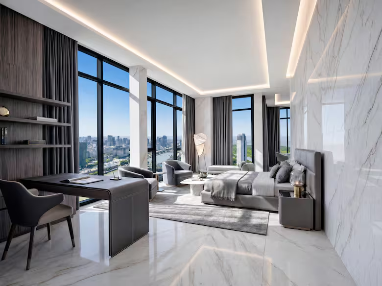 Спальня пентхауса Harbour Tower с панорамным видом на Буэнос-Айрес