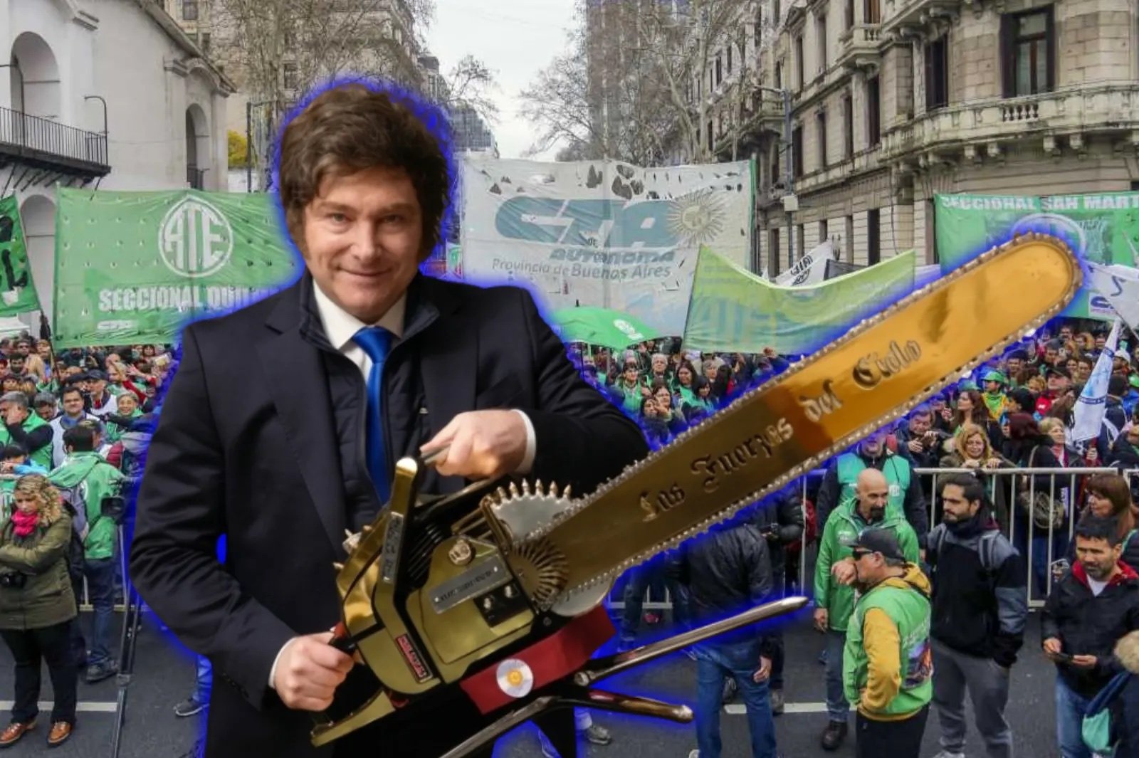 Хавьер Милей с бензопилой на фоне протеста государственных служащих